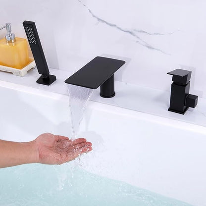 Roman Tub Faucet with Hand Shower, Matte Black Deck Mount Waterfall Tub Faucet High Flow 3 Hole Bathtub Faucets Sets