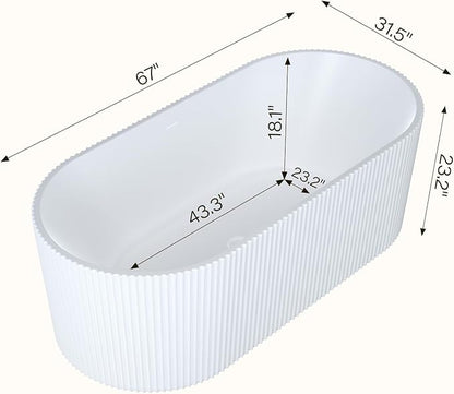 59" Acrylic Freestanding Soaking Bathtub, Matte Drain & Black Overflow, Contemporary Design Tub for Home Bathroom Renovations, Glossy White