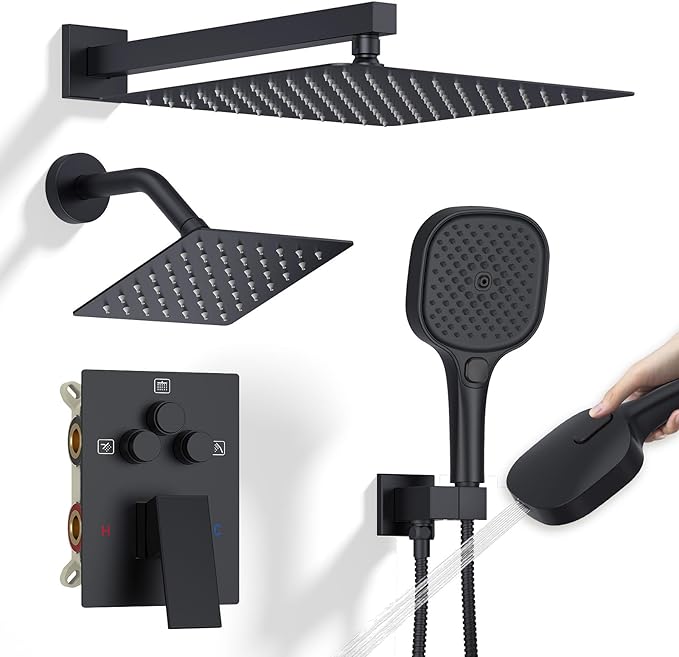 Shower Faucet Set Matte Black Shower System, Push Button Diverter 3-Way Shower Valve Kit, Wall Mount 12 Inch Overhead Shower Head with 6 Inch Side Spray Shower Head, 4 Modes Flow Handheld Shower