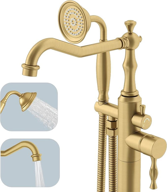 Hoimpro Free Standing Tub Faucet Freestanding Tub Filler Bathtub Faucet Stand Alone Floor Mounted Bathtub Faucet Set Handheld Sprayer Brass Brushed Gold