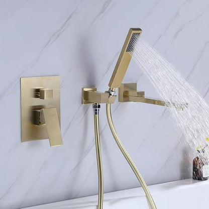 Wall Mounted Bathtub Faucet with Handheld Shower, Solid Brass 180° Swivel Bathroom Tub Filler Faucet with Hand Shower Modern Single Handle Tub Faucet Set, Brushed Gold