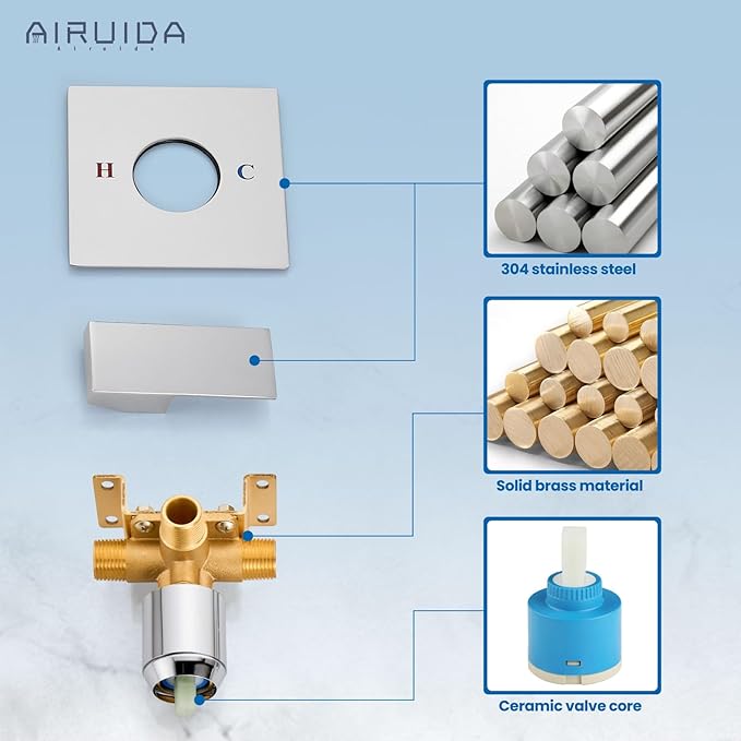 Airuida Square Single-Function Brass Faucet Shower Rough-in Valve Male Thread Bathroom Trim Kit Single Handle Tub Shower Valve 5.5 Inch Cover Plate Chrome Polish