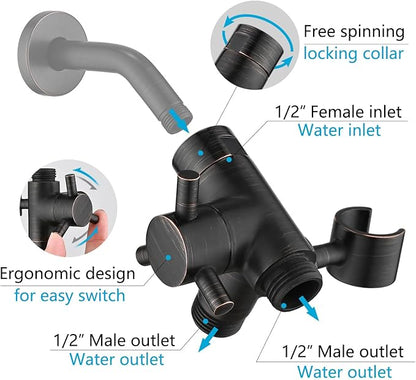PDPBath Solid Brass 3 Way Shower Arm Diverter Valve with Handheld Holder for Dual Shower Heads with G1/2 Universal Connection - Oil Rubbed Bronze