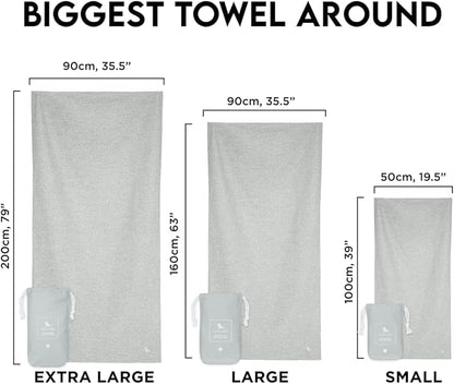 Dock & Bay Beach Towel - Quick Dry, Sand Free - Compact, Lightweight - 100% Recycled - Includes Bag - Essential - Mountain Grey - Extra Large (200x90cm, 78x35)
