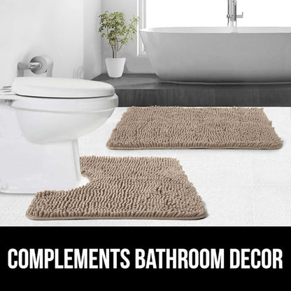 GORILLA GRIP Plush Absorbent Shaggy Chenille Bath Rug Mat for Square Toilet Base with Rubber Backing, Machine Washable Rugs, Soft Microfiber Contour Mats for Toilets, Bathroom Decor, Gray Beige
