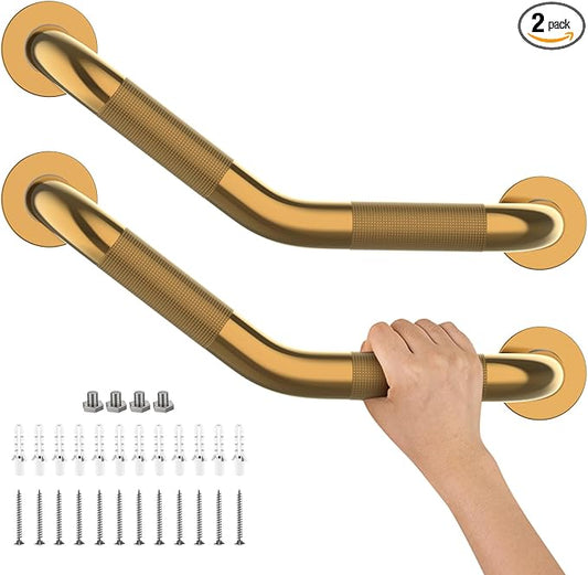 2 Pack 16 Inch Munzong Shower Grab Bars for Seniors, Gold Angled Anti Slip Grab Bars for Bathtubs and Showers Safety Hand Rail Support Handicap Elderly Injury Senior Assist Bath Handle