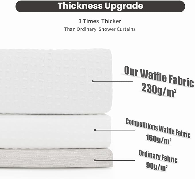 Inhousolu No Hook Waffle Weave Shower Curtain with Removable Snap in Fabric Liner Set for Bathroom, 230 GSM Heavy Duty Weighted Hem, Water Repellent Washable Bath Curtains, 72 x 84 Inch, White