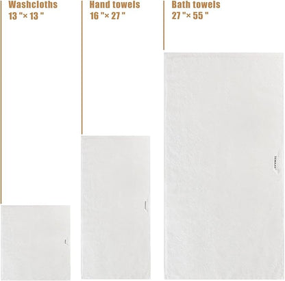 SEMAXE 18-Pack Bath Towel Set Include 6 Bath Towels, 6 Hand Towels, 6 Wash Cloths, 100% Cotton Bathroom Towels with Hanging Loops and Nano-Bio Lifecycle Labels, Soft and Absorbent Towel, White