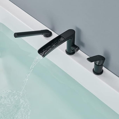 Waterfall Roman Tub Faucet Black Deck Mount Bathtub Faucets Brass Tub Filler Bathroom Faucets with Hand Shower