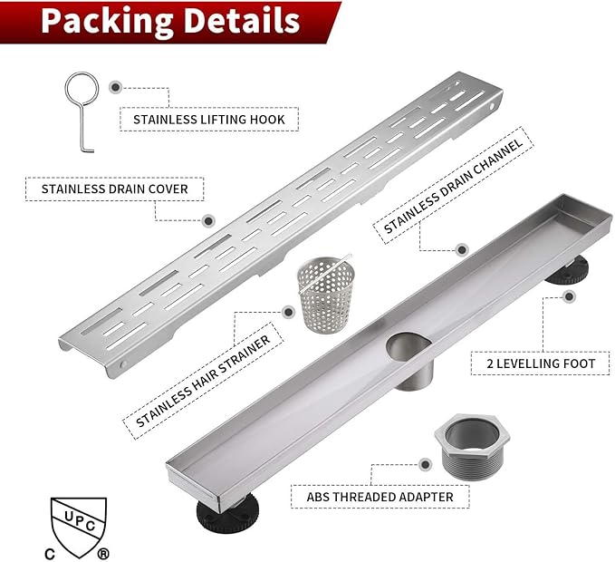Sharp-tec Linear Shower Drain, 24 inch Shower Drain with Removable Pattern Cover, Brushed Nickel 304 Stainless Steel Rectangle Floor Drain, Adjustable Feet and Hair Strainer Included (Model 101)