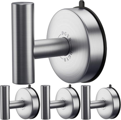 DGYB Large Suction Cup Hooks for Shower Set of 4 - Brushed Nickel Towel Hooks for Bathrooms - Stainless Steel Removable Wall Hooks - 15 Lb Heavy Duty Hanging
