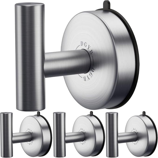 DGYB Large Suction Cup Hooks for Shower Set of 4 - Brushed Nickel Towel Hooks for Bathrooms - Stainless Steel Removable Wall Hooks - 15 Lb Heavy Duty Hanging