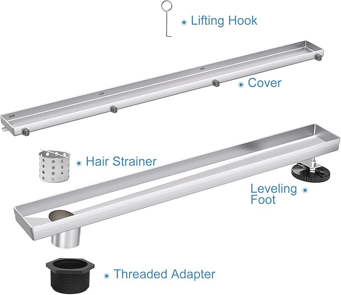 Offset Linear Shower Drain, Shower Drain 48 inch with 2-in-1 Tile Insert Cover, Brushed AISI 304 Stainless Steel Side Outlet Shower Floor Drain with Hair Catcher and Adjustable Feet