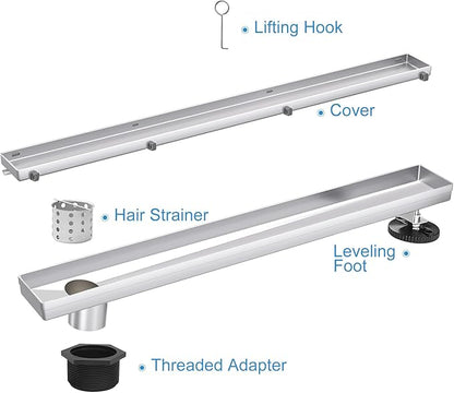 Offset Linear Shower Drain, Shower Drain 48 inch with 2-in-1 Tile Insert Cover, Brushed AISI 304 Stainless Steel Side Outlet Shower Floor Drain with Hair Catcher and Adjustable Feet