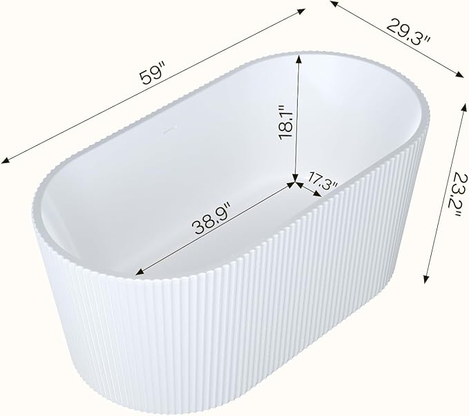 59" Acrylic Freestanding Bathtub with Textured Stripes, Deep Soak Tub, Space-Saving, Glossy Surface, Luxury Spa Design for Modern Bathrooms