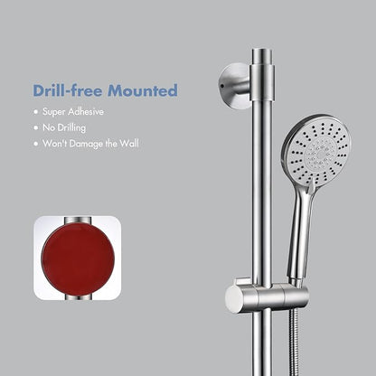 Adjustable Shower Slide Bar with 5-Function Handheld Shower Head, Stainless Steel Drill-free Mounted Slide Bar Combo with Extra Hose (Brushed Nickel)