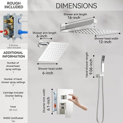 Shower Faucet Set Shower Systems, STARBATH 3 Way Shower Faucet with 2 in 1 Handheld, Ceiling Mount 12+6" Dual Rain Shower Head for Two People (6"+12" Shower Head-Handheld-Wall Mounted, Chrome)