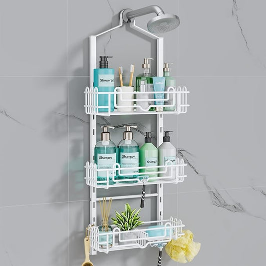 Consumest Shower Caddy Hanging – Rustproof Over Shower Head Hanger with Soap Holder and Hooks, Anti-Slip Shower Shelves for Storage, Bathroom Organizer for Apartment, Dorm, White
