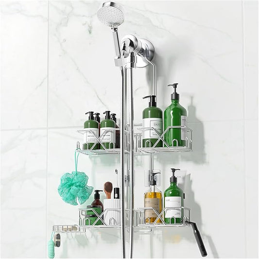Stainless Steel Shower Caddy Hanging for Handheld Shower Heads,Rustproof Hose Shower Organizer Adjustable Length Shower Rack with 24 Hooks,Razor Holder,Soap Holder