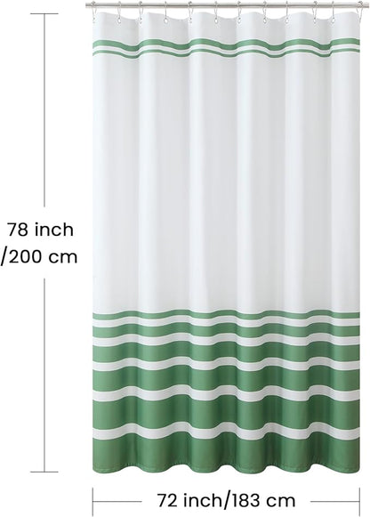Green and White Striped Shower Curtain 72x78 Inches, Waterproof Fabric with Modern Gradient Lines, 12 Rustproof Grommets & Weighted Hem
