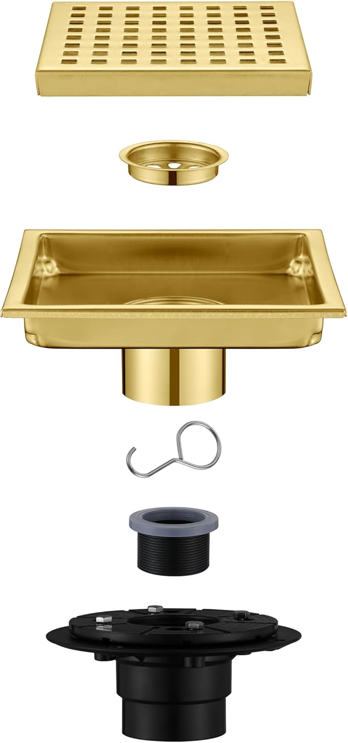 6 Inch Square Shower Floor Drain, Brushed Nickel High Flow Shower Drain Kit with Flange with Hair Filter, Removable Grate Cover, Stainless Steel, Abs Fixing Tray, CUPC Certified (Brushed Gold)
