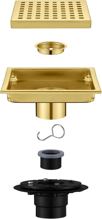 6 Inch Square Shower Floor Drain, Brushed Nickel High Flow Shower Drain Kit with Flange with Hair Filter, Removable Grate Cover, Stainless Steel, Abs Fixing Tray, CUPC Certified (Brushed Gold)
