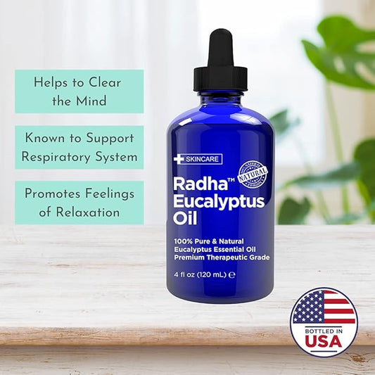Radha Beauty Eucalyptus Essential Oil 4 oz - 100% Pure & Therapeutic Grade, Steam Distilled for Aromatherapy, Relaxation, Shower, Sauna, Bath, Steam Room and Other DIY Projects.