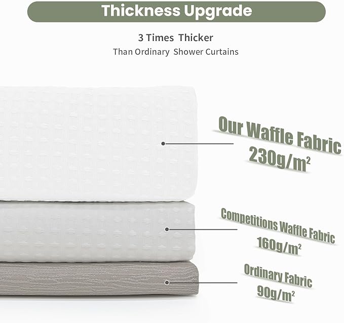 Inhousolu Fabric Shower Curtain Waffle Weave, 230 GSM Heavy Duty, Weighted Hem, 14 Metal Hooks, Water Repellent, Machine Washable, Hotel Spa Luxury Bath Curtain Set, 72 x 96 Inch, White