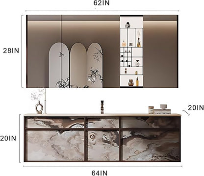 64IN Modern Bathroom Vanity with Sink - Bathroom Vanity with 2 Drawer Organizer, LED Mirror Lights & Defogging Function | Wall - Mounted Vanity with Silver Sink Faucet