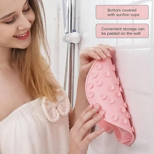 Shower Foot & Back Scrubber, Massage Pad with Suction Cups & Pumice Stone, Multi-Surface Silicone Bath Mat for Exfoliating and Massaging in Shower or Bathtub, 9.8x11.8 Inch (Beige)