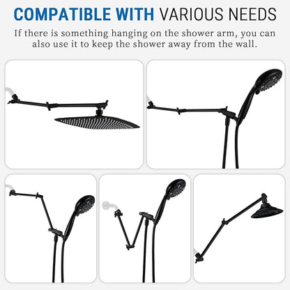 G-Promise 18 Inch Shower Head Extension Arm, Solid Brass Height & Angle Adjustable Extender, Rise or Lower Rainfall and Fixed Shower Head (Matte Black)