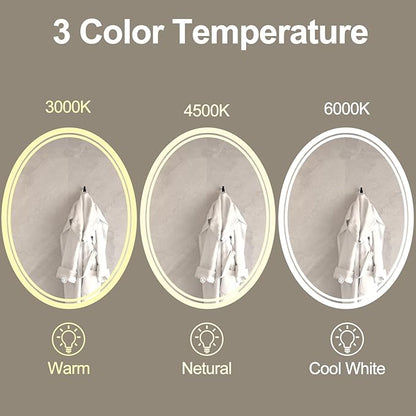 36 X 28 Inch Oval LED Bathroom Mirror Anti-Fog Wall Mounted Lighted Bathroom Vanity Mirror Smart Makeup Mirror 3 Colors Light Dimmable Touch Switch