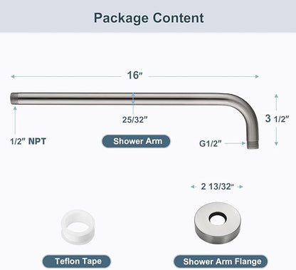 BRIGHT SHOWERS 16-Inch Shower Head Extension Arm with Flange, L Shaped Shower Extender, Extra-Long Stainless Steel Shower Pipe, Brushed Nickel