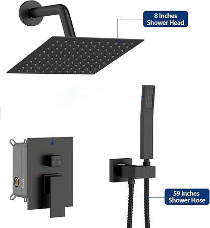 Black Shower Head Faucet - Lordear 8 Inch Wall Mounted Rain Shower System Set, Matte Black Stainless Steel Square Rainfall Shower Head with Handheld, Brass Valve Included
