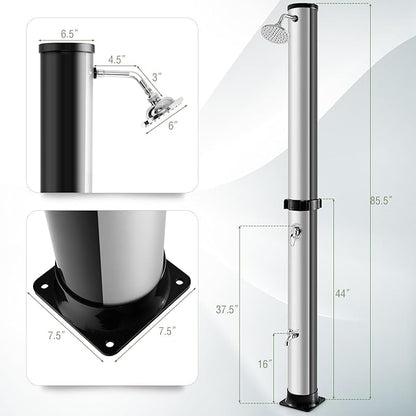 LDAILY Outdoor Shower, 10 Gallon Solar Heated Pool Shower with 360° Rotating Shower Head & Foot Tap, 7.2FT Freestanding Outside Shower Kits for Backyard, Beach, Garden (Black+Silver)