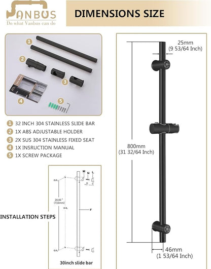 All Metal handheld shower head holder 30-Inch with Shower Slide Bar for Bathroom Wall Mount SUS 304 Stainless Steel Brushed Finish Matte Black