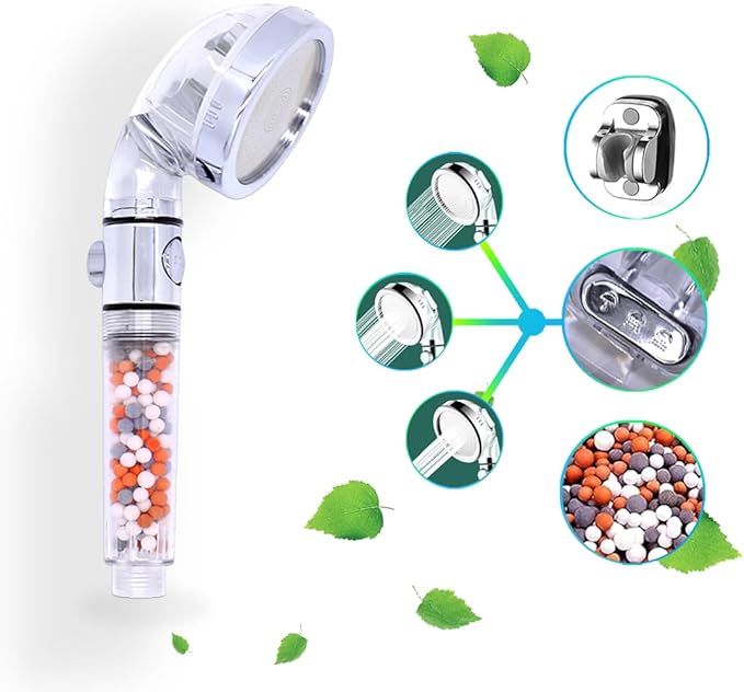 Filtered Shower Head with Handheld, 3 Spray Modes, Ecowater, Anion Mineral beads Purifying Water, ON/OFF Button, Adjustable shower holder and shower hose, 0.35kg