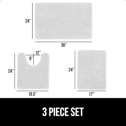 GORILLA GRIP Bathroom Rug Sets 3 Piece, Bath Mat Set and Oval Toilet Base with Rubber Backing, Plush Absorbent Shaggy Chenille Washable Mats, Includes 24x19.5, 24x17 and 36x24 Inch Rugs, White