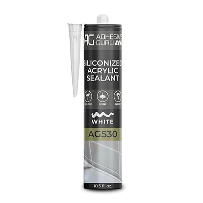 Adhesive Guru AG530 Siliconized Acrylic Sealant (24x10.5 fl oz), Waterproof Paintable Caulk for Bathtubs, Windows, Showers, Indoor Outdoor Caulking Weatherproof, White - 24 Pack