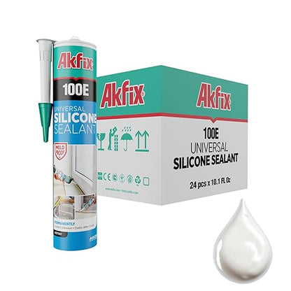 Akfix 100E RTV White Silicone Caulk (24x10.1 fl.oz.) - 100% Waterproof Silicone Sealant for Kitchen and Bathroom, Shower, Toilet, Sink, Window and Door, No Yellowing | White, 24 Pack