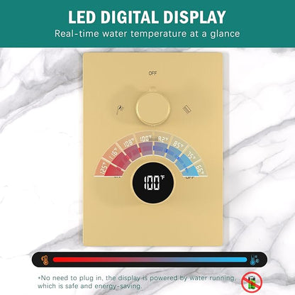 Digital Shower Valve 3 Way Diverter Temperature Display Shower Mixer 3-Function Brass Rough-in and Rectangle Brushed Gold Trim Kit