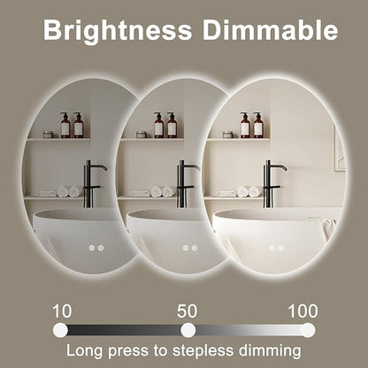 32 X 24 Inch Oval Backlit LED Bathroom Mirror Anti-Fog 3 Colors Light Dimmable Wall Mounted Lighted Bathroom Vanity Mirror Smart Makeup Mirror with Touch Switch