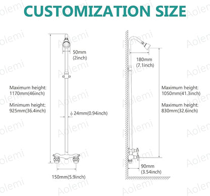 Aolemi Outdoor Shower Kit Fixtures Faucet System Double Handle Exposed Shower with Brass Mix Valve and Height-Adjustable Shower Pipe 6 Inch Center with Showerhead Matte Black