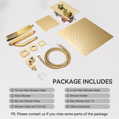 Brushed Gold Shower System, STARBATH 12+6" Rain Shower Head and Handle Set Ceiling Mount, Rainfall Shower Faucet Set Complete with 3 Way Shower Valve with 5 Diverter and Trim Kit