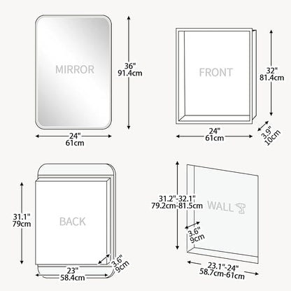 Rectangle Medicine Cabinet with Beveled Edge Mirror, No-Assembly Bathroom Wall Cabinet with Mirror, Adjustable Shelves, Tissue Slot, Recessed or Surface Mount (36" H x 24" W)