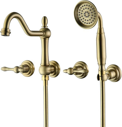 SUMERAIN Wall Mount Tub Faucet with Hand Shower, Brushed Gold Traditional Style Bathtub Faucet, Rough-in Valve Included