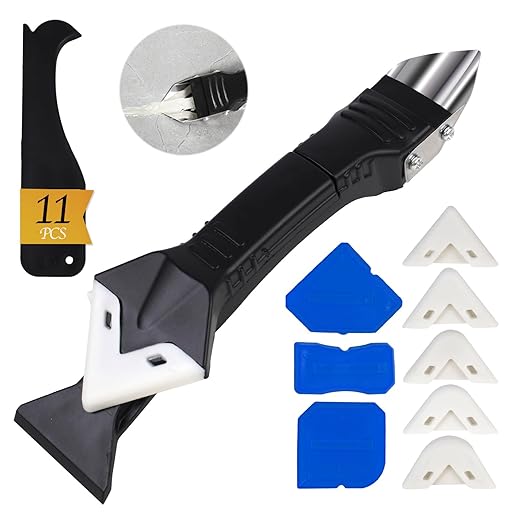 11Pcs Silicone Caulking Tools 3 in1 Grout Removal Tool(Stainless Steelhead)&Grout Remove Scraper,5 Silicone Replaceable Pads,4 Glass Glue Angle Scraper, Caulk Remover for Kitchen/Bathroom/Window/Joint