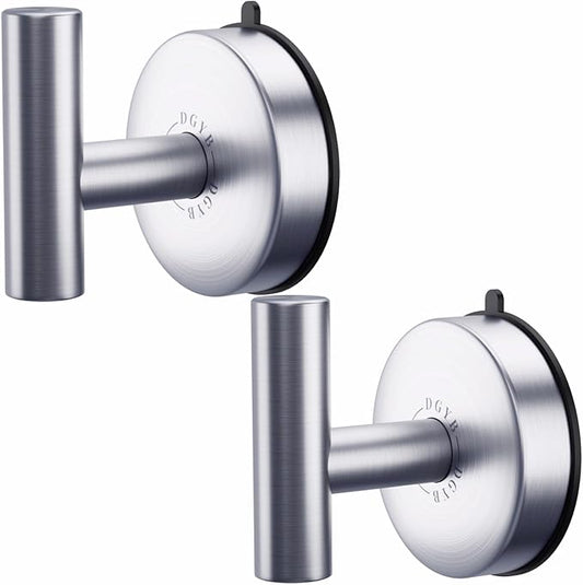 DGYB Large Suction Cup Hooks - Set of 2 Brushed Nickel Towel Hooks for Bathrooms - Stainless Steel Suction Shower Hooks - 15 Lb Removable Wall Hooks for Hanging Heavy Duty