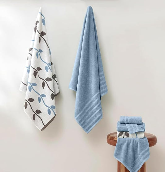 Modern Threads Organic Vines 6-Piece 100% Cotton Towel Set – Yarn Dyed Jacquard & Solid – Includes 2 Bath Towels, 2 Hand Towels, 2 Washcloths – Absorbent, Quick Dry, Soft & Durable – Blue