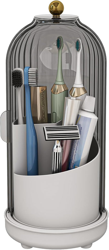Toothbrush Holders with Cover, Drainage Rotating Electric Toothbrush Organizer, 3 Slots Tooth Brush Holder for Bathroom Counter, Grey White